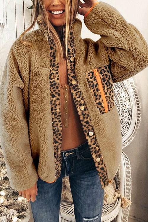 Leopard Patchwork Buttoned Fleece Coat