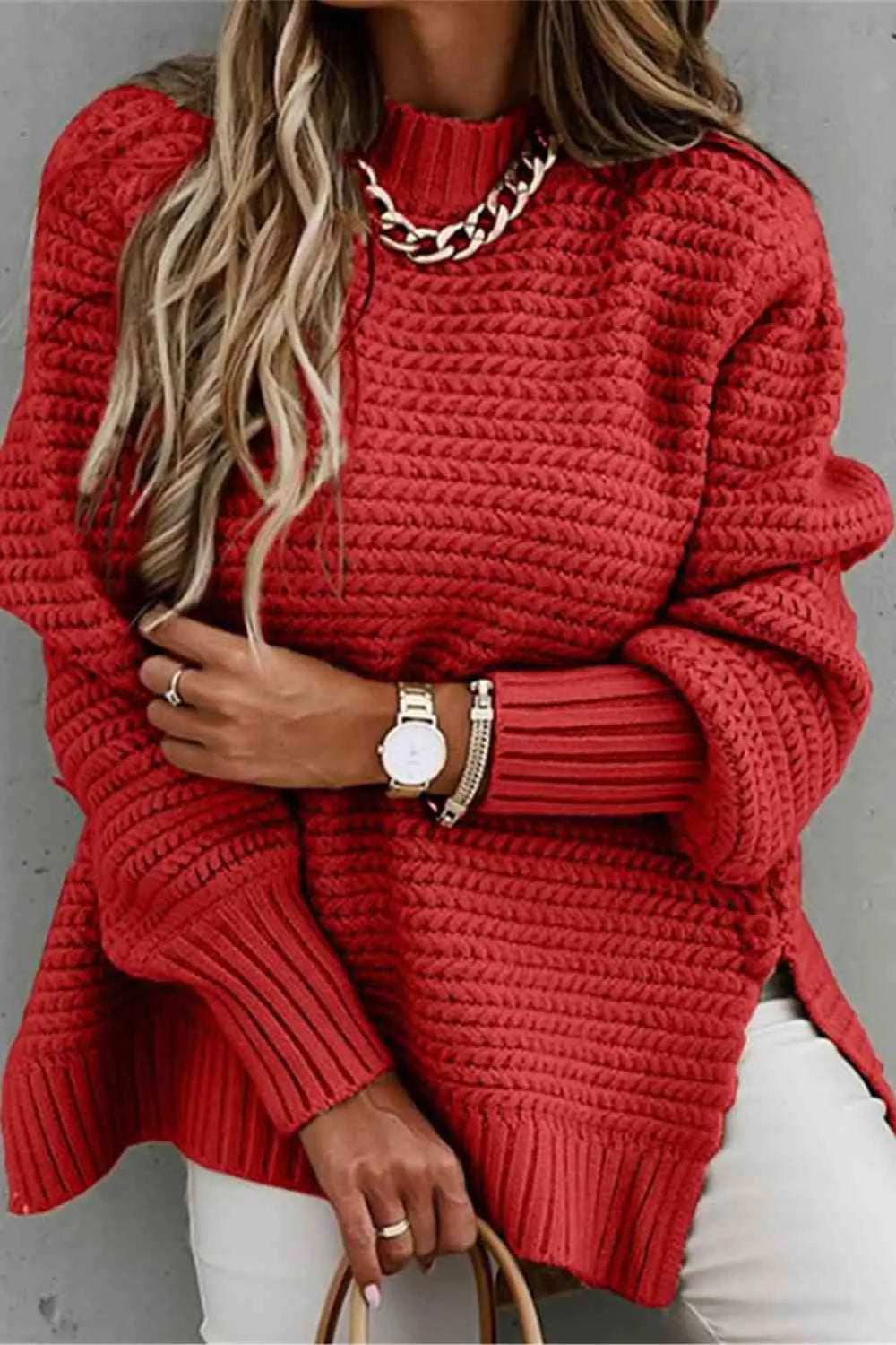 Round Neck Slit Sweater