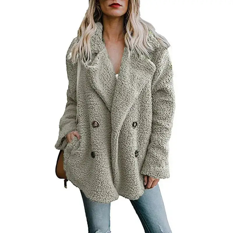 Stylish women’s fur winter coat featuring a cozy design and double-breasted buttons, perfect for warmth and elegance.