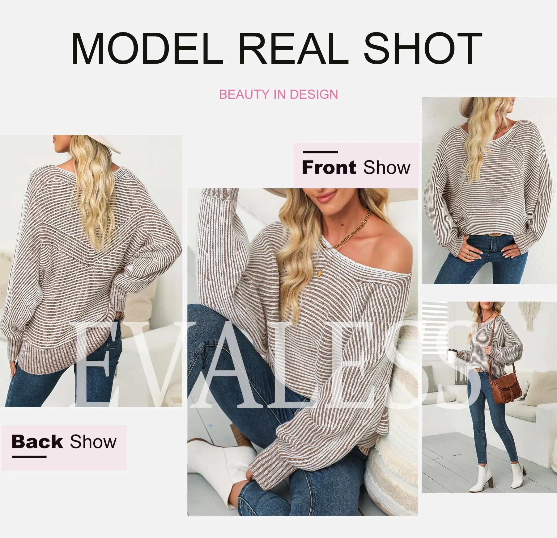 EVALESS Striped Sweaters for Women Boat Neck Batwing Sleeve Oversized Pullover Sweater Tops Womens Fall Clothes Outfits Medium Light French Beige