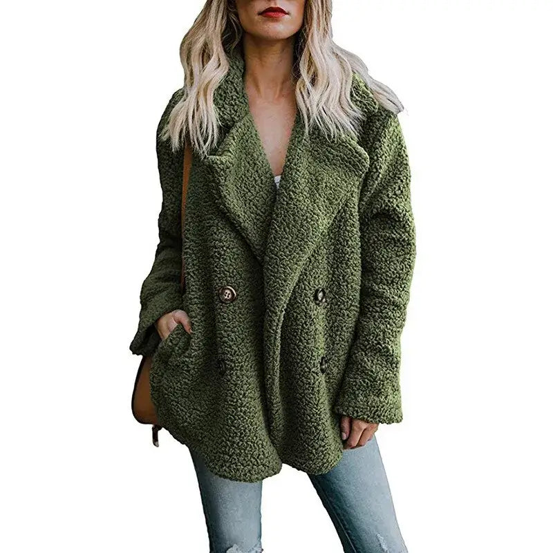 Stylish woman wearing a cozy green fur winter coat, perfect for staying warm and chic in cold weather.