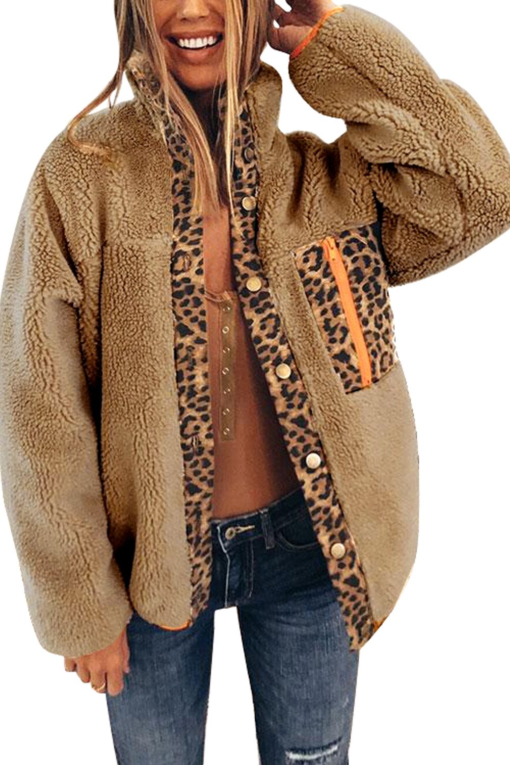 Leopard Patchwork Buttoned Fleece Coat