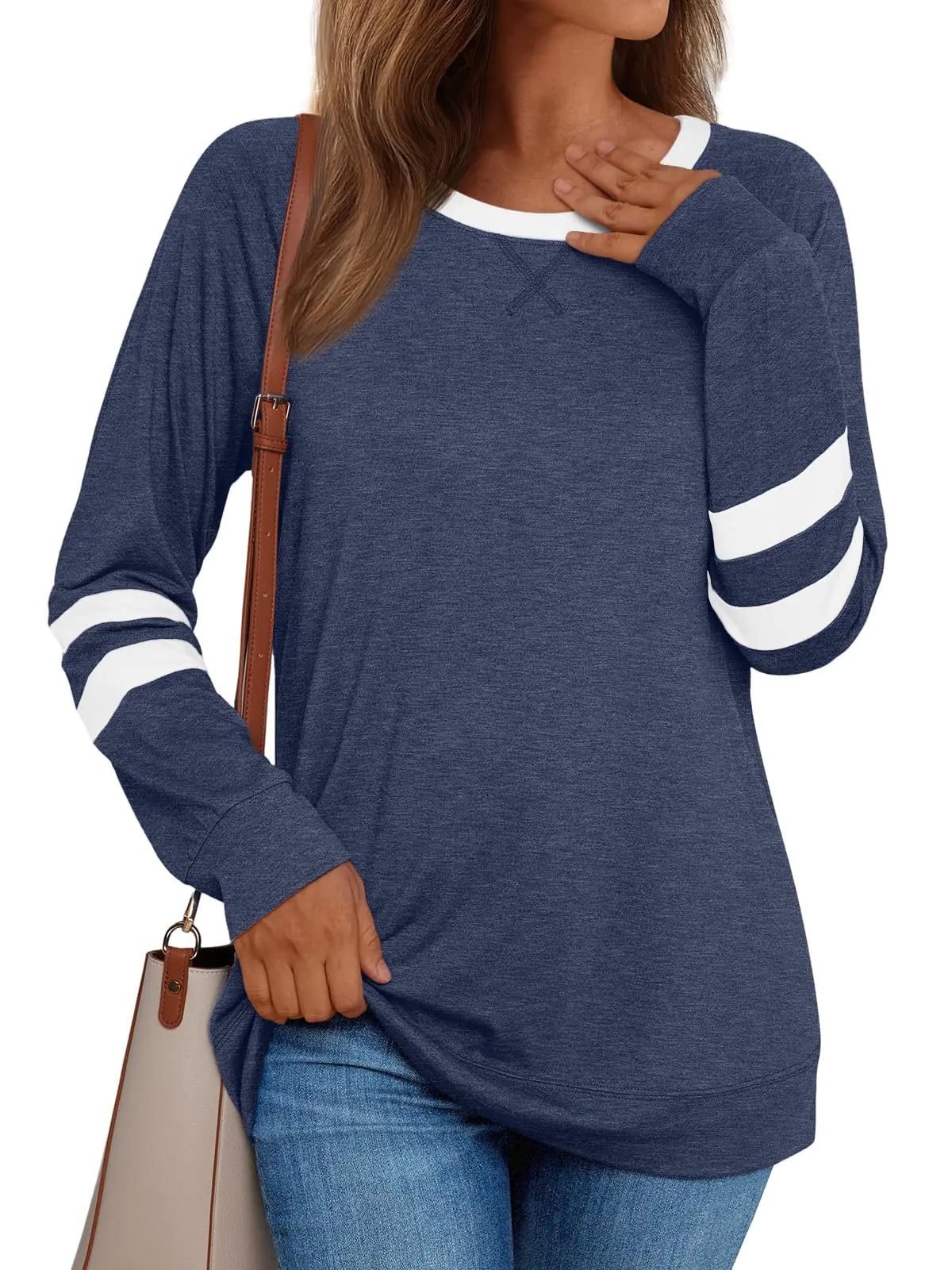 AUTOMET Womens Long Sleeve Shirts Color Block Casual Crewneck Tops Tshirt Basic Tees Fall Fashion Clothes Outfits 2024 Blue X-Large