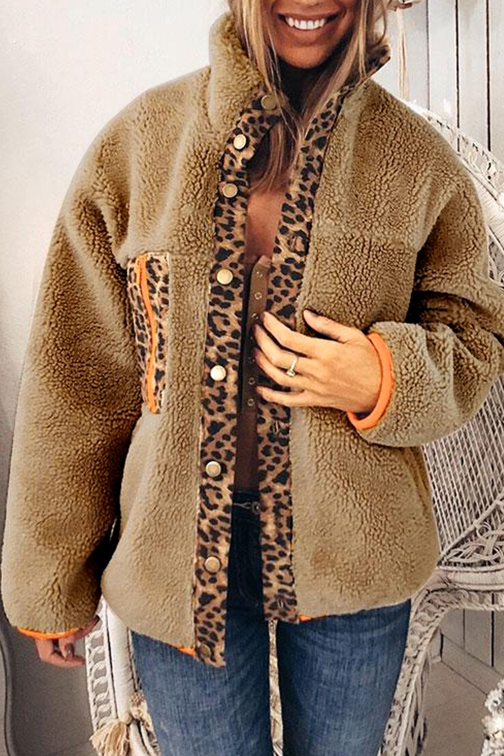 Leopard Patchwork Buttoned Fleece Coat