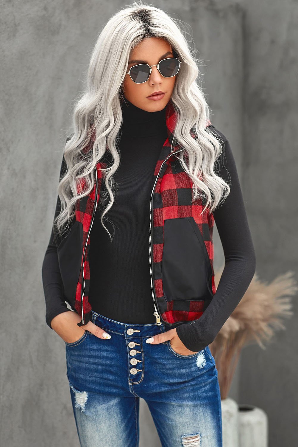 Buffalo Plaid Splicing Pocket Zipper Hooded Vest Coat