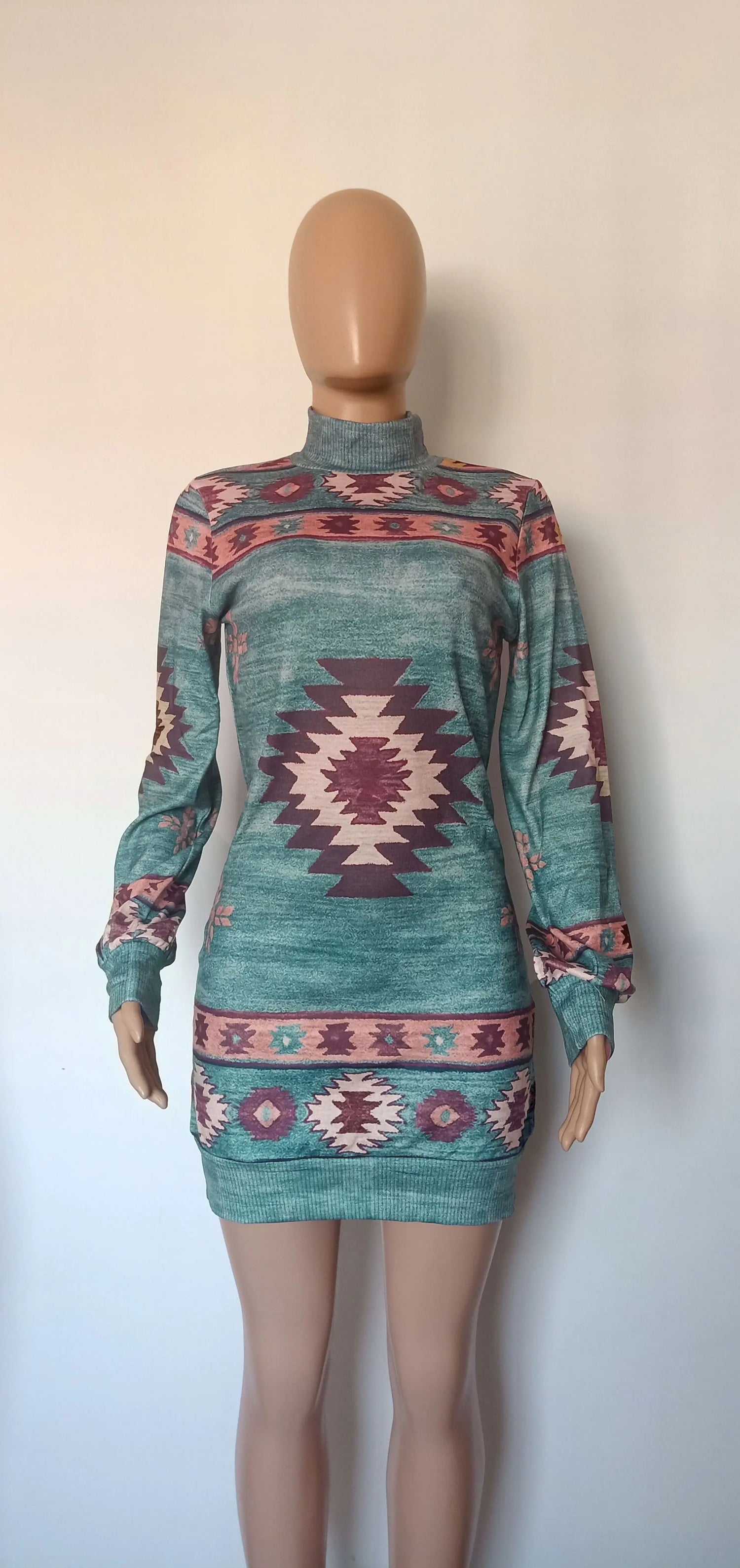 Bohemian Print Mini Dress for Women - Long Sleeve, Skinny Fit, Casual, for Autumn and Winter