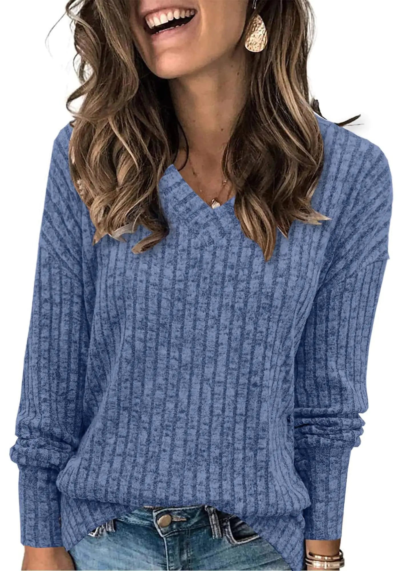 Womens V Neck Sweaters Lightweight Long Sleeve Tunic Tops Shirts Casual Sweatshirt Trendy Blue XX-Large