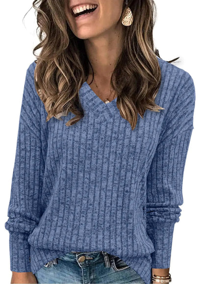 Womens V Neck Sweaters Lightweight Long Sleeve Tunic Tops Shirts Casual Sweatshirt Trendy Blue XX-Large