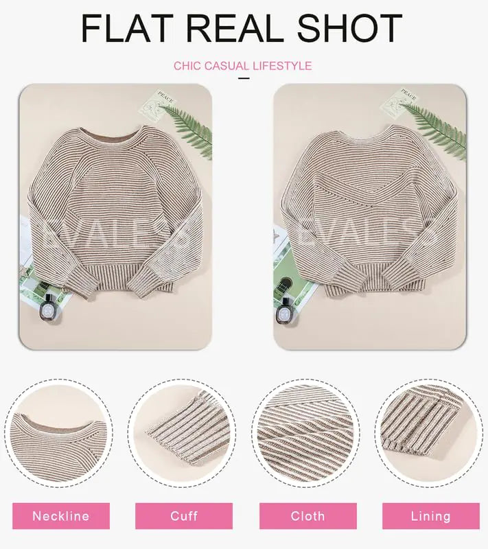 EVALESS Striped Sweaters for Women Boat Neck Batwing Sleeve Oversized Pullover Sweater Tops Womens Fall Clothes Outfits Medium Light French Beige